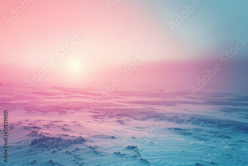 Sun setting or rising up over vast snowy field, pink and blue shades sci-fi futuristic background © Spicy World