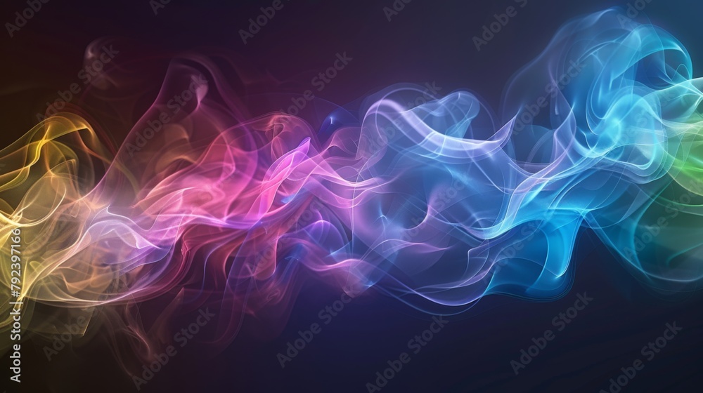 Abstract background of swirling rainbow-colored smoke against a dark backdrop, creating a sense of mystery