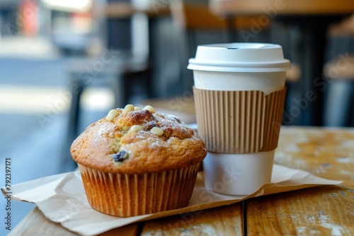 Muffin and coffee ready for takeout placed on a surface