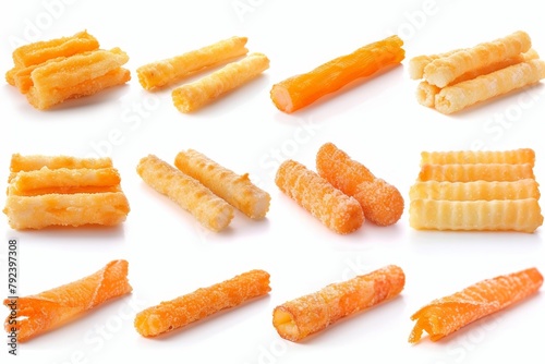 Multiple foreshortened crab stick snacks photographed on a white background with breaded coating