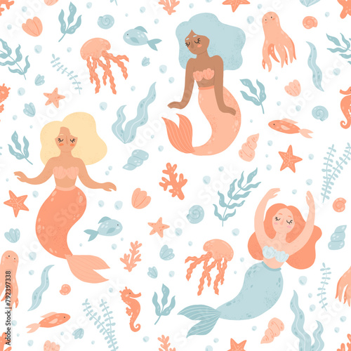 Cute pattern with cartoon mermaids and underwater life - octopus, jellyfish, seahorse. Vector seamless hand-drawn texture with sea elements on white background.