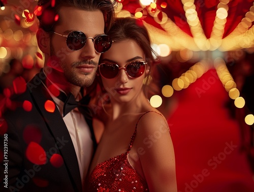 A couple in glamorous Hollywoodstyle evening wear, posing on a red carpet with flashbulbs popping in the background
