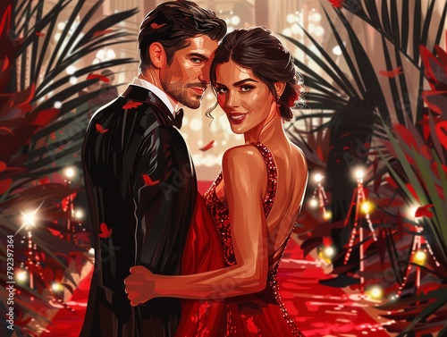 A couple in glamorous Hollywoodstyle evening wear, posing on a red carpet with flashbulbs popping in the background