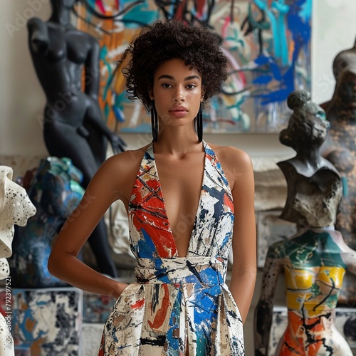 A model in a modern, abstract print dress, posing against a backdrop of contemporary art sculptures