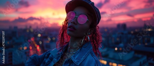 A model in an edgy urban outfit, including a denim jacket and chunky boots, posing in front of a cityscape at twilight