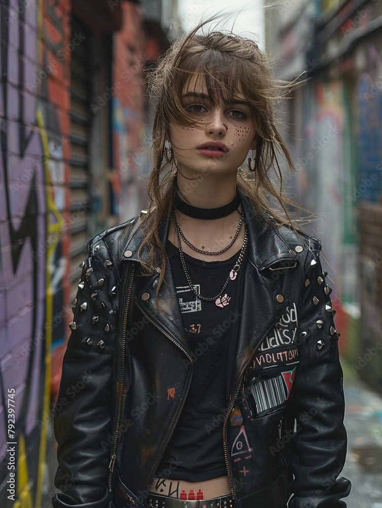 A teenager in a punk rock outfit, complete with leather jacket and studded accessories, standing in an alley with graffiti