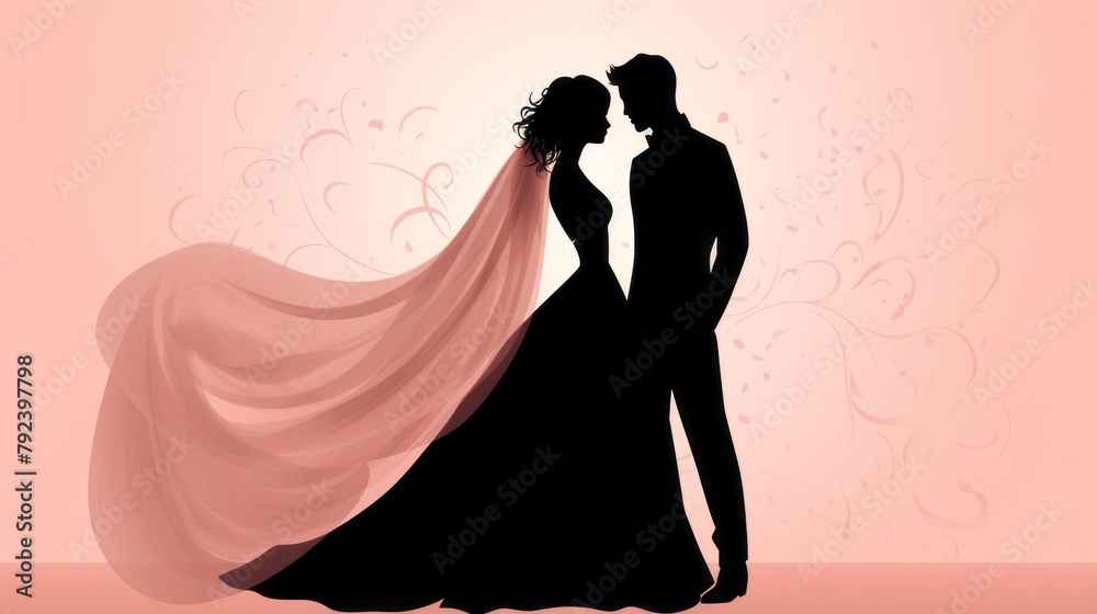 Bride and groom sharing a tender dance isolated on a romantic gradient background