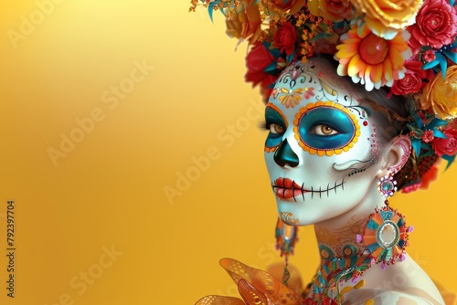 a woman put sugar skull makeup on her face day of the dead concept