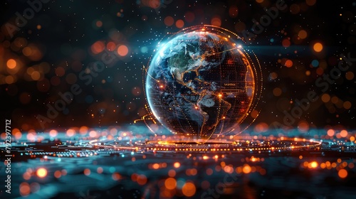 The image depicts the Earth ensnared in a virtual network of connections, highlighting the interconnectedness of humanity in the digital age.,art image photo