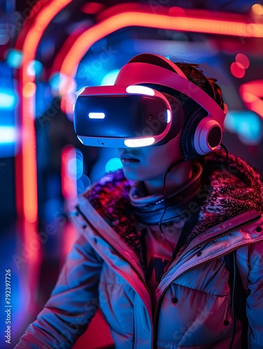 A teenager in a futuristic gamer outfit, engaged in a virtual reality game in a hightech gaming lounge photo