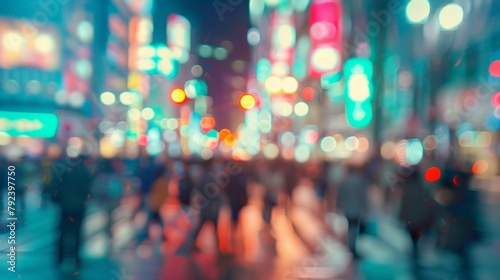 A defocused image of a bustling urban street capturing a busy intersection where people from different walks of life come together. The blurred city lights and the mix of languages .