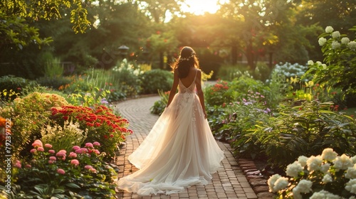 A woman in a flowing, ethereal bridal gown walking through a lush garden, her veil gently floating in the breeze