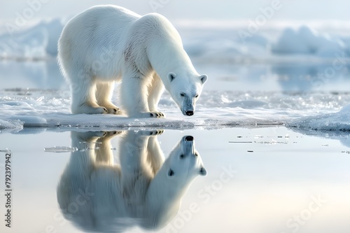 One family of polar bears escapes the melting snow. An attempt to preserve the Arctic, the problem of global warming, and endangered species: the awful circumstance of a polar bear stuck on melting ic
