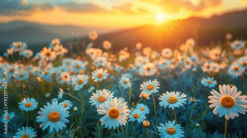 beautiful spring and summer natural landscape with blooming field of daisies in the grass in the hilly countryside,art photo photo