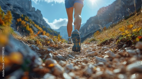 close up of a man s legs running on a mountain trail stock photo