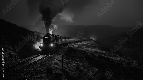 A train whistles in the dead of night its shrill cry echoing through the empty valley and sending shivers down the spines of those who hear it. . photo
