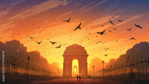 illustration of a silhouette of an Indian palace with birds flying against a sunset background photo