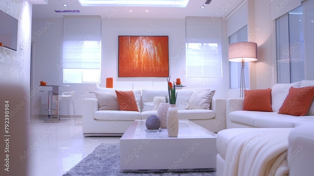 Fototapeta premium An interior shot of a minimalist living room with clean white walls, contemporary furniture, and subtle pops of color.