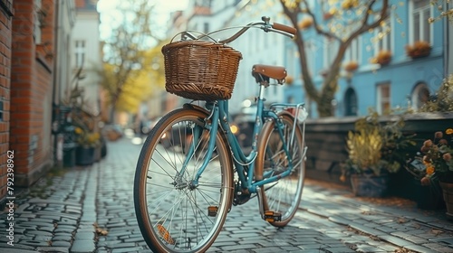 retro style bicykle with basket in the street stock photo photo