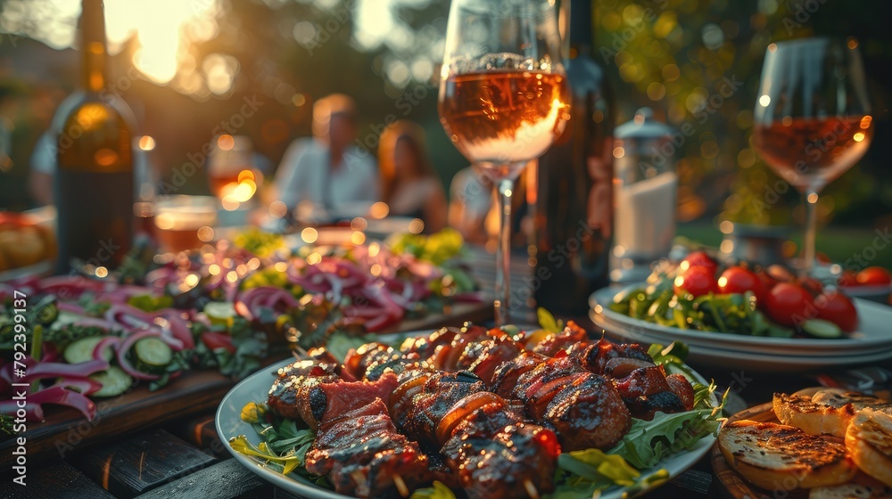 backyard dinner table have a tasty grilled bbq meat salads and wine with happy joyful people on backgroundillustration image - obrazy, fototapety, plakaty 