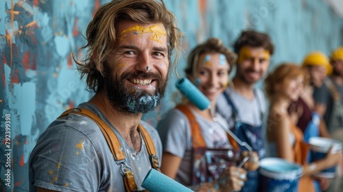 A team of house painters smile happily looking at the camera. Carrying a paint roller, he was about to repaint the walls of his apartment. Under repair