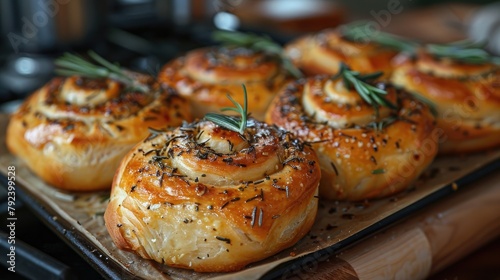 homemade baked rosemary rolls on baking parchment close upillustration image