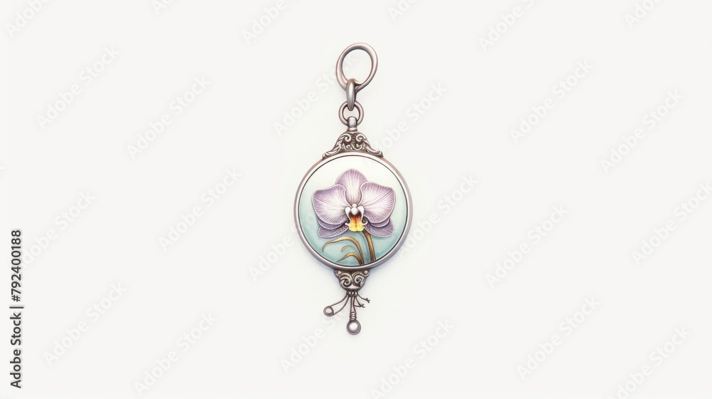 Closeup of a delicate locket pendant featuring a soft purple orchid, perfect for a subtle and refined jewelry advertisement Closeup of a delicate locket pendant featuring a soft purple orchid, perfect for a subtle and refined jewelry advertisement