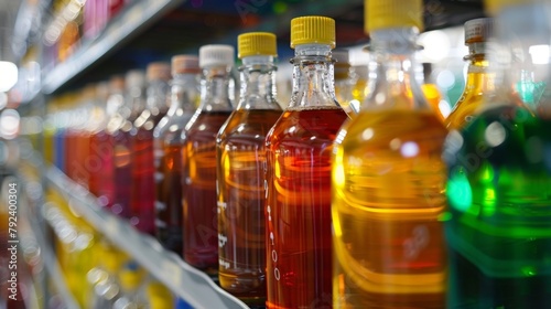 Rows of glass bottles filled with colorful liquids line the shelves of a laboratory each labeled with the name of a different enzyme and its specific function in the biofuel production .