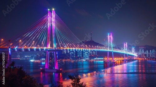 Bridge festooned with vibrant LED lights, creating a mesmerizing spectacle against the backdrop of the night sky.