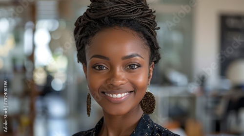 Successful African woman entrepreneur smiling in office