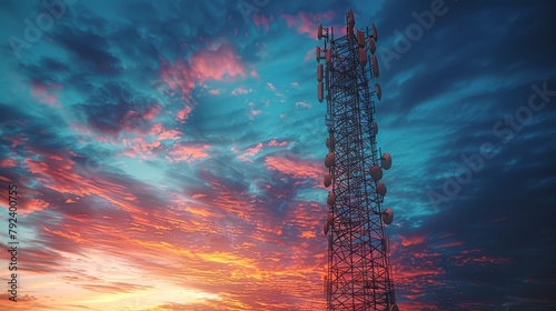 Telecommunications tower with antenna with blue sky in the morning photo