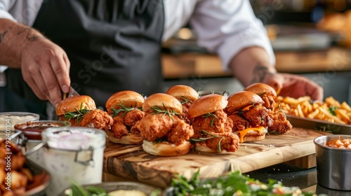Chef arranging a platter of gourmet fried chicken sliders with assorted toppings, perfect for a party.
