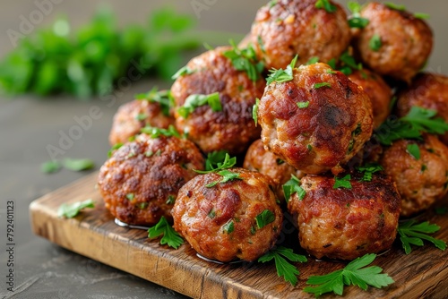 Parsley topped stack of meatballs on a board