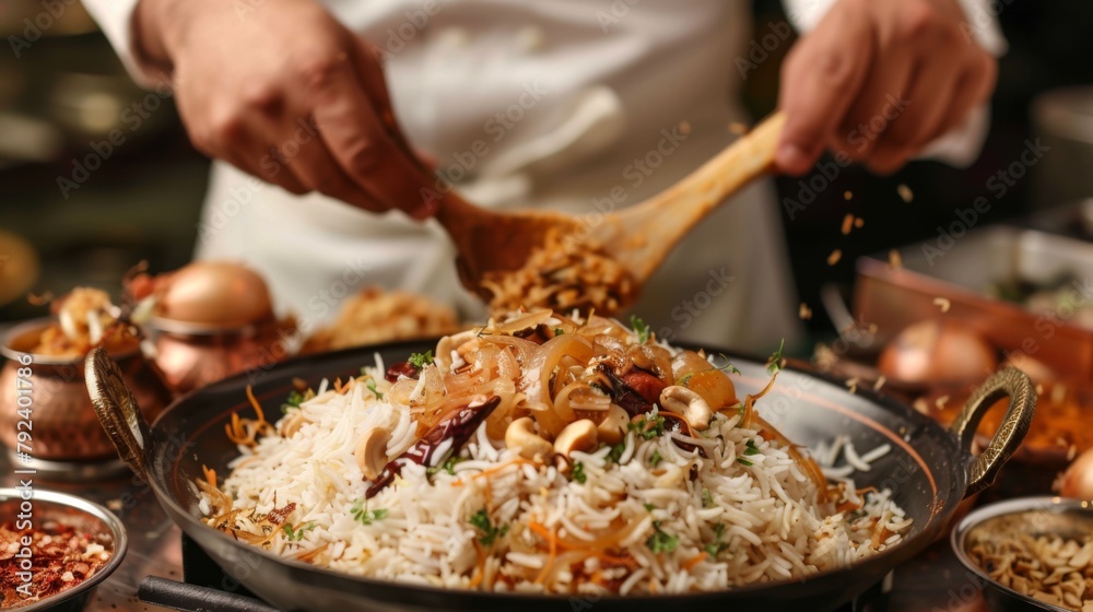 Chef preparing fragrant basmati rice pulao, infused with spices and garnished with caramelized onions and nuts.