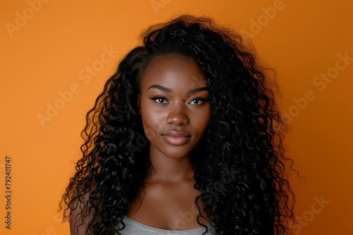 Photo of stunning African woman with long curly brunette hair isolated on orange background