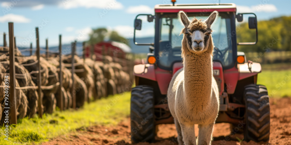 Fototapeta premium Smiling Llama in Front of Red Tractor on Sunny Farm Day