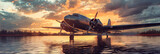  Private jet at the river during sunset in the background , Bathed in the soft glow of sunset, an opulent private jet takes flight into the gathering night. Private jet standing at an river sunset ba 