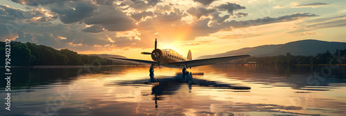    
  Vintage airplane on the river at sunset and mountain in the background , Majestic Vintage Aircraft Cruising Over the River Against a Stunning Sunset Backdrop 
 photo