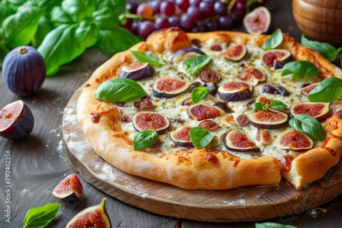Pizza with figs mozzarella grapes and basil