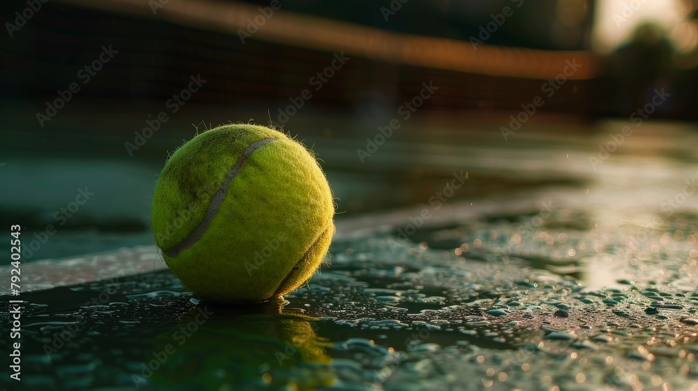 A tennis ball lying on the tennis court. Close-up shooting. Copy space