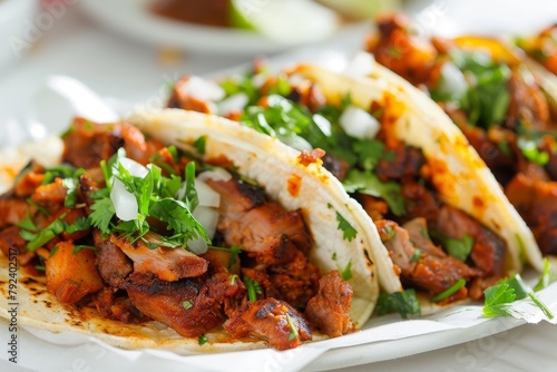 Popular Mexican street tacos Tacos al pastor or Tacos de Trompo consist of marinated pork and beef with achiote photo