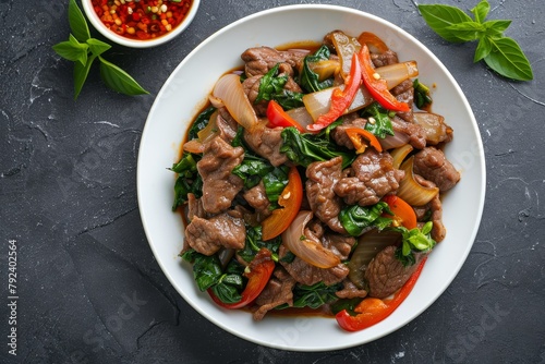Popular Thai dish Pad Kra pao Stir fried beef strips with Holy Basil on white plate as seen from above