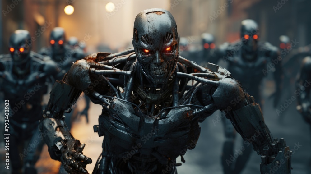 A group of evil robots are running down the street A group of evil robots are running down the street