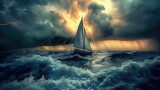 Sailboat, sea, waves, lightning, thunderstorms. Generative AI.