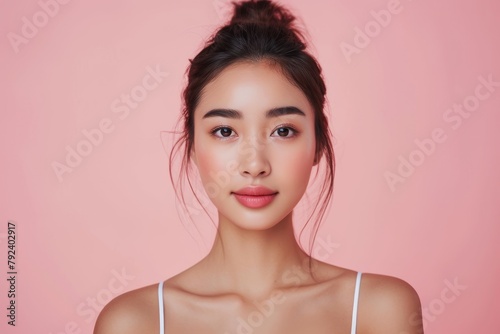 Portrait of a young Asian woman with a ponytail natural makeup plump lips clean skin and wearing a white camisole in a studio photo