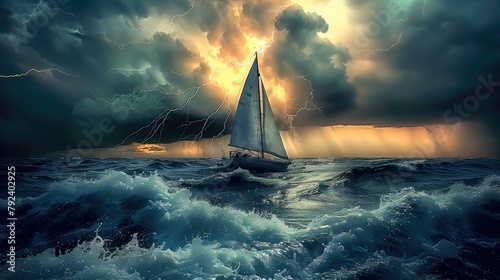 Sailboat, sea, waves, lightning, thunderstorms. Generative AI.
