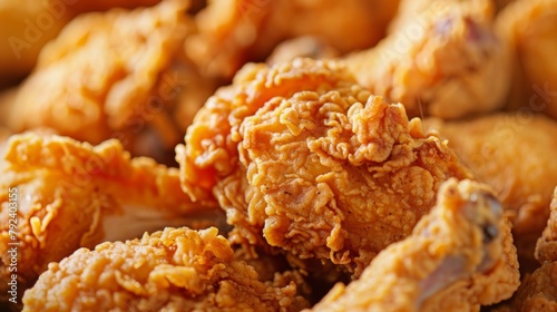 Close-up of a pile of golden brown fried chicken pieces, crispy on the outside and tender on the inside.