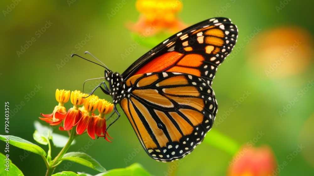 Close-up of a stunning monarch butterfly perched gracefully on a blooming flower, its intricate patterns on full display. Close-up of a stunning monarch butterfly perched gracefully on a blooming flower, its intricate patterns on full display.