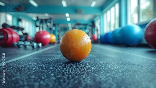 Bright gym with various equipment including dumbbells and exercise balls in background. Concept Gym Equipment, Dumbbells, Exercise Balls, Fitness Background, Exercise Scene