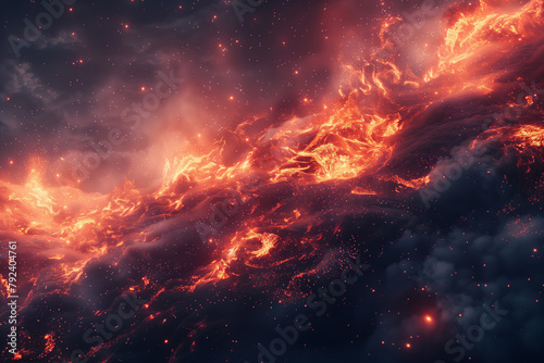 Close-up of intensely bright red and yellow fire in sky with stars hi-res cosmic wallpaper background